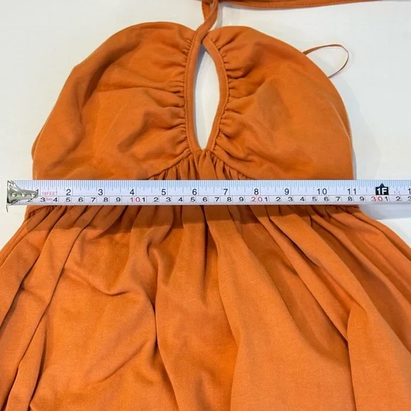Zara Bubble Hem Balloon Halter Maxi Dress Backless Orange Boho Resort Small - Picture 8 of 9